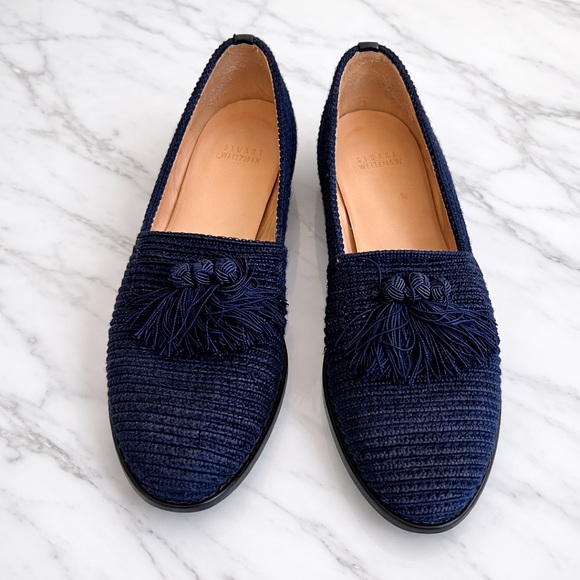 Stuart Weitzman Shoes - STUART WEITZMAN Tassel Loafers Textured Raffia Slip On Flats Navy